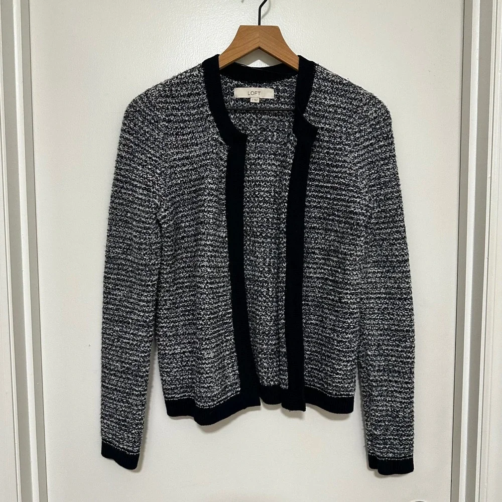 Loft | Women's Navy Blue White Marled Open Front Knit Cardigan Sweater, S